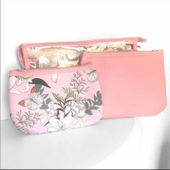 3 Piece Makeup Cosmetic Floral Butterfly Bag Set Pink - Picture 3 of 4
